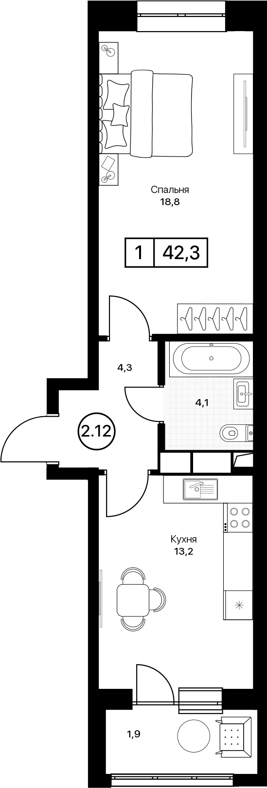 1-комн., 40.4 м², 7/13 этаж, ЖК «Пушкино Град»
