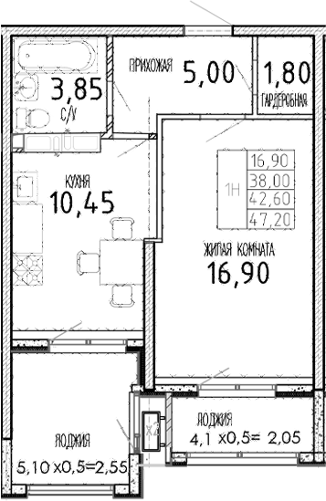 1-комн. квартира, 38 м² в ЖК Мост — фото 2