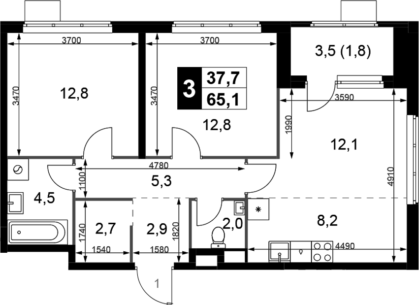 2-комн., 63.3 м², 8/8 этаж, ЖК «1-й Химкинский»