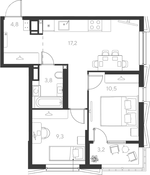 2-комн., 45.6 м², 16/18 этаж, ЖК «Ридз»
