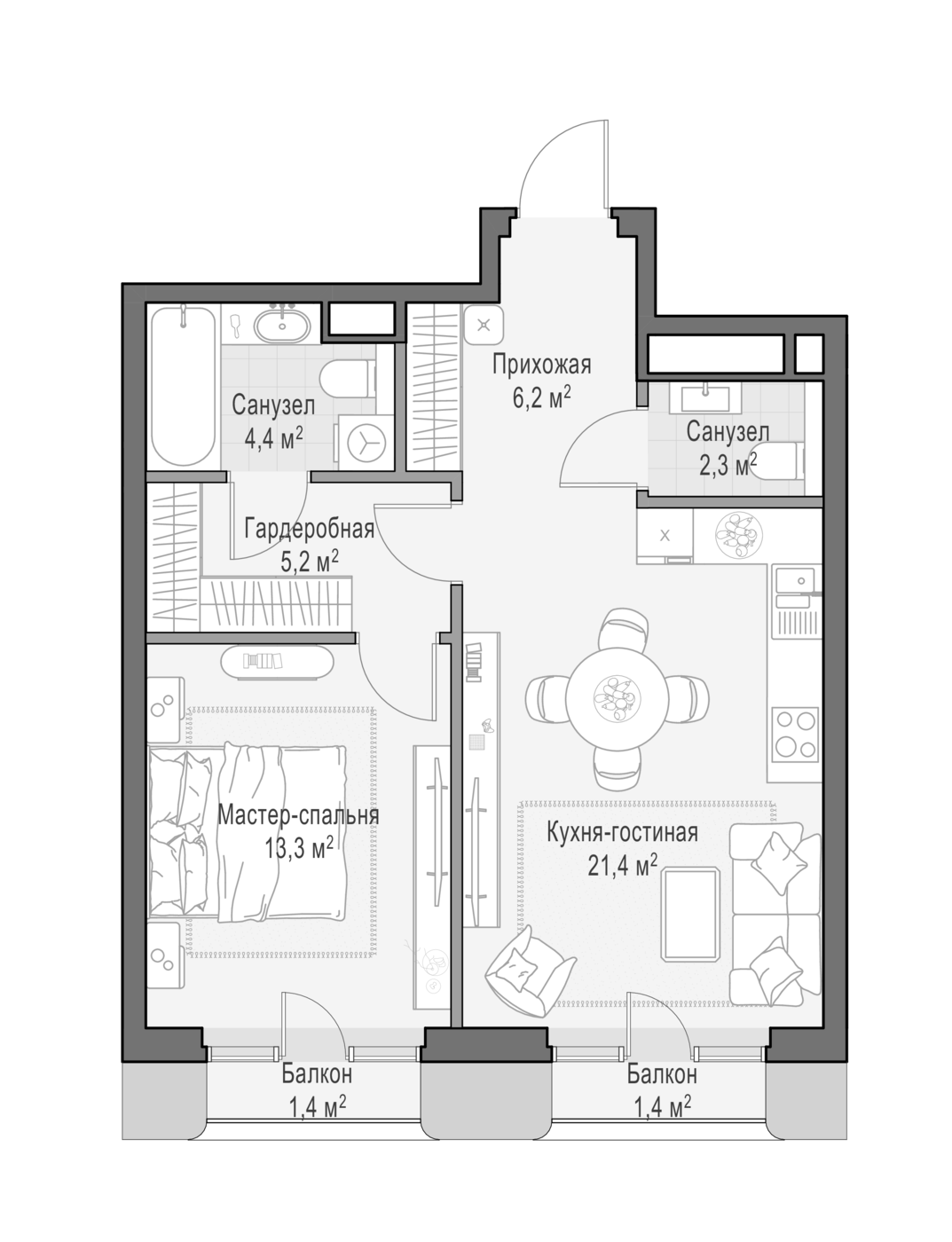 2-комн., 53.26 м², 3/7 этаж, ЖК «Квартал Тишинский бульвар»