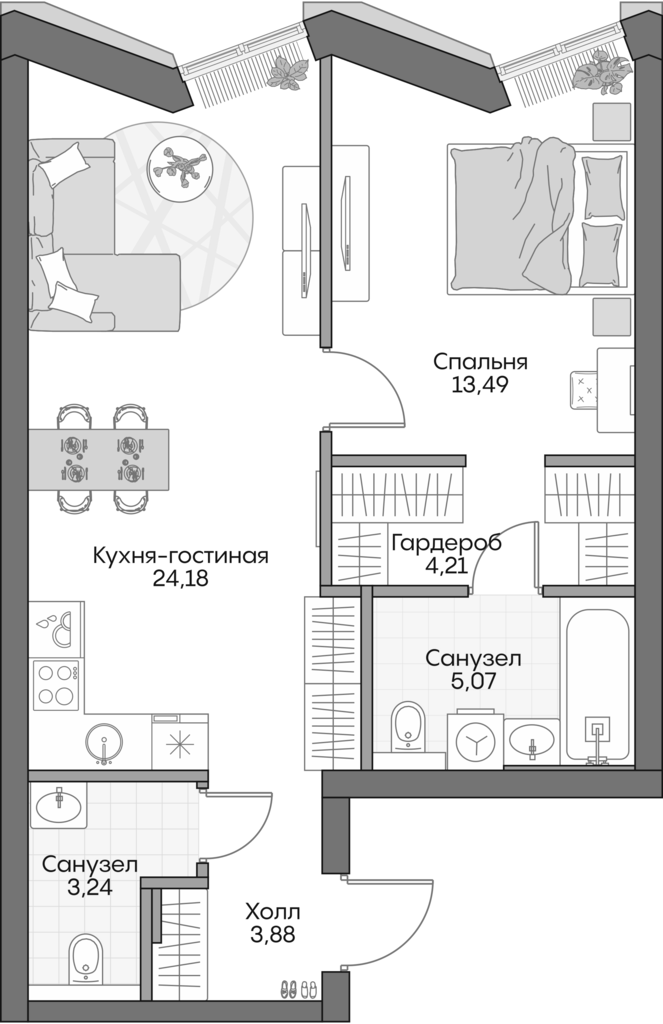 2-комн., 52.8 м², 10/16 этаж, ЖК «Инсайдер»