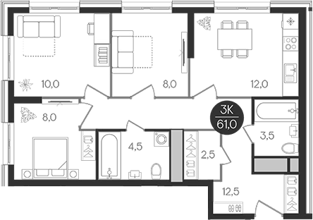 3-комн., 61 м², 17/32 этаж, ЖК «Кантемировский»