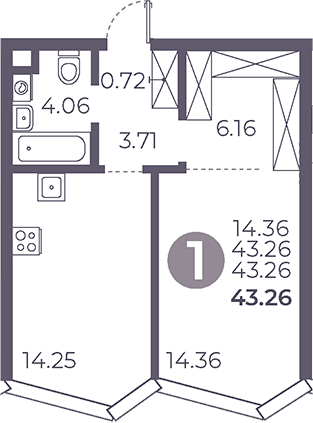 1-комн., 43.26 м², 24/39 этаж, ЖК «Мневники от Гранель»