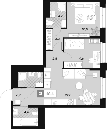 2-комн., 61.4 м², 25/26 этаж, ЖК «ЮТУ»