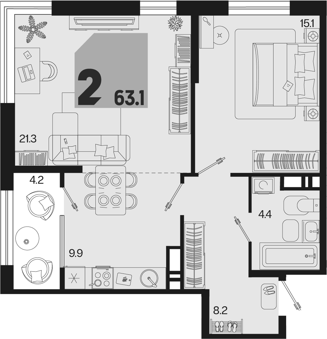 2-комн., 58.9 м², 8/18 этаж, ЖК «Первое место» — фото 2