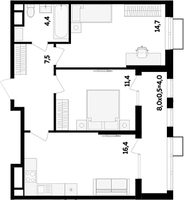 2-комн., 54.4 м², 12/16 этаж, ЖК «МегаСити»