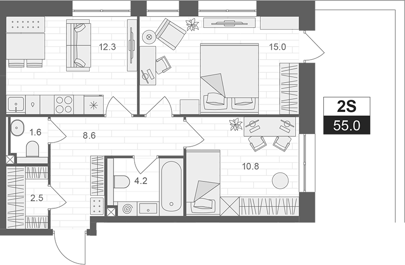 2-комн., 55 м², 2/12 этаж, ЖК «АРТЕЛЬ»