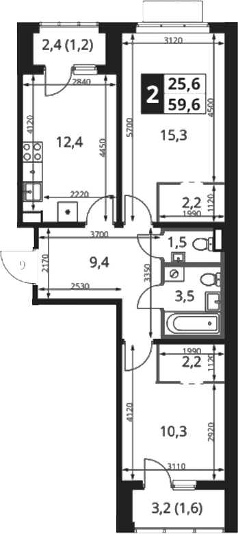 2-комн., 56.8 м², 5/18 этаж, ЖК «1-й Ясеневский»