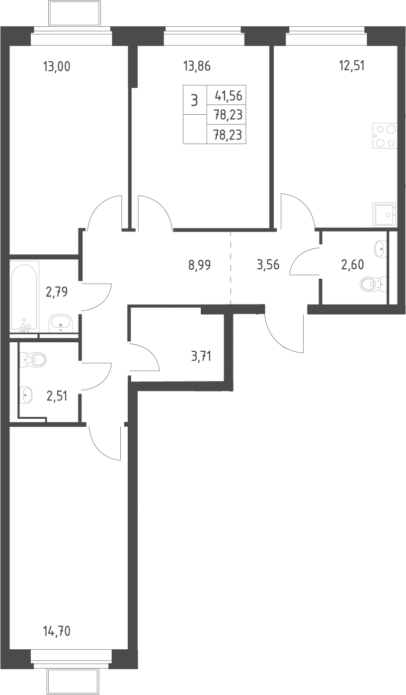 3-комн., 78.23 м², 3/12 этаж, ЖК «Новое Видное»