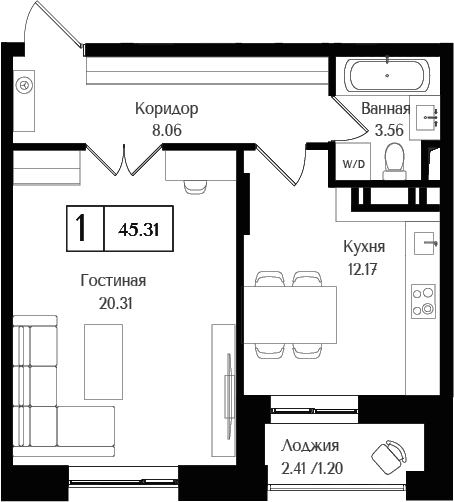 1-комн., 44.11 м², 16/17 этаж, ЖК «Преображенская площадь»
