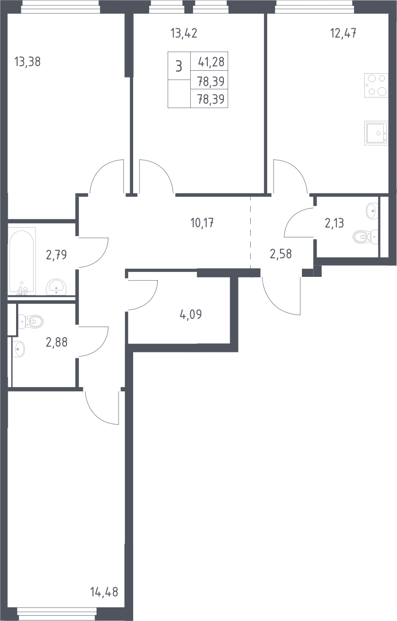 3-комн., 78.39 м², 8/15 этаж, ЖК «Пригород Лесное»