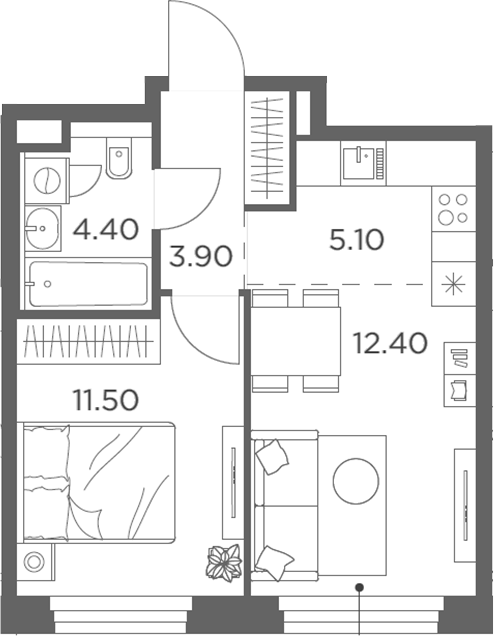 2-комн., 37.3 м², 2/20 этаж, ЖК «Белый Град»