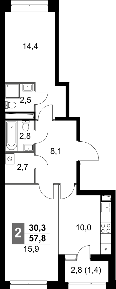 2-комн., 56.4 м², 26/30 этаж, ЖК «Скай Гарден»