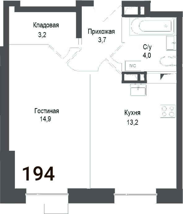 1-комн., 39 м², 1/8 этаж, ЖК «Киноквартал»