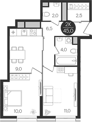 2-комн., 45 м², 8/32 этаж, ЖК «Кантемировский»
