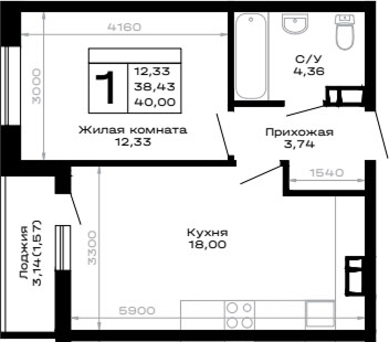 1-комн., 38.43 м², 10/14 этаж, ЖК «Горные высоты»