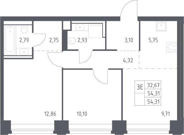 3-комн., 54.31 м², 26/40 этаж, ЖК «НОВА»
