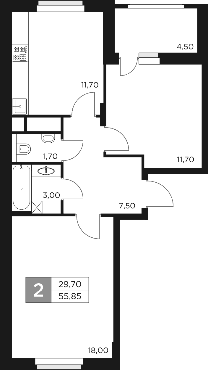 2-комн., 53.6 м², 13/17 этаж, ЖК «Восток 2»