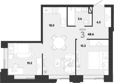 3-комн., 48.6 м², 15/33 этаж, ЖК «Страна.Заречная»
