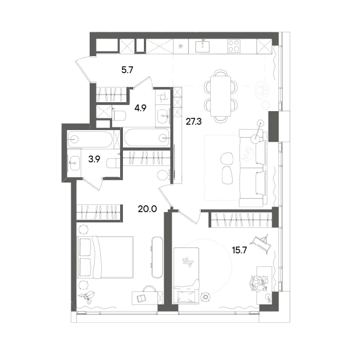 3-комн., 78.3 м², 18/45 этаж, ЖК «СТОУН Грэйн»