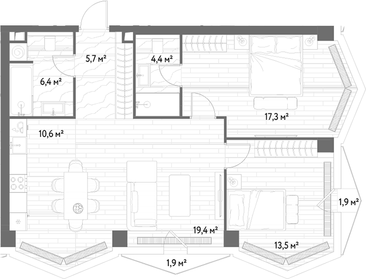 3-комн., 77.3 м², 13/25 этаж, ЖК «С5»