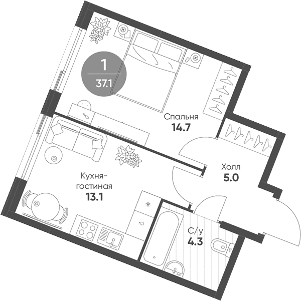 2-комн., 37.1 м², 16/27 этаж, ЖК «Шагал»