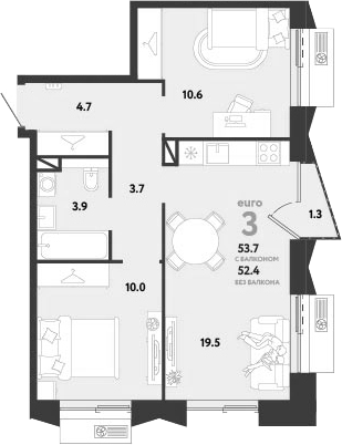 3-комн., 52.4 м², 4/12 этаж, ЖК «Страна.Заречная»