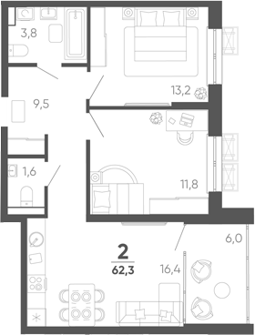 2-комн. квартира, 56.3 м² в ЖК Барса — фото 2