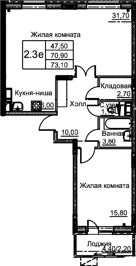 2-комн., 70.9 м², 1/12 этаж, ЖК «Кашинцево»