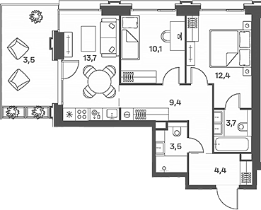 3-комн., 57.2 м², 2/29 этаж, ЖК «Портленд»