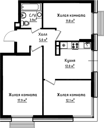 3-комн., 62.7 м², 5/6 этаж, ЖК «Коллекция»