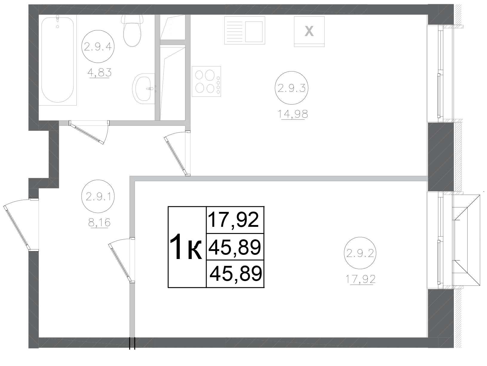 1-комн., 45.89 м², 2/17 этаж, ЖК «Авиатор-2»