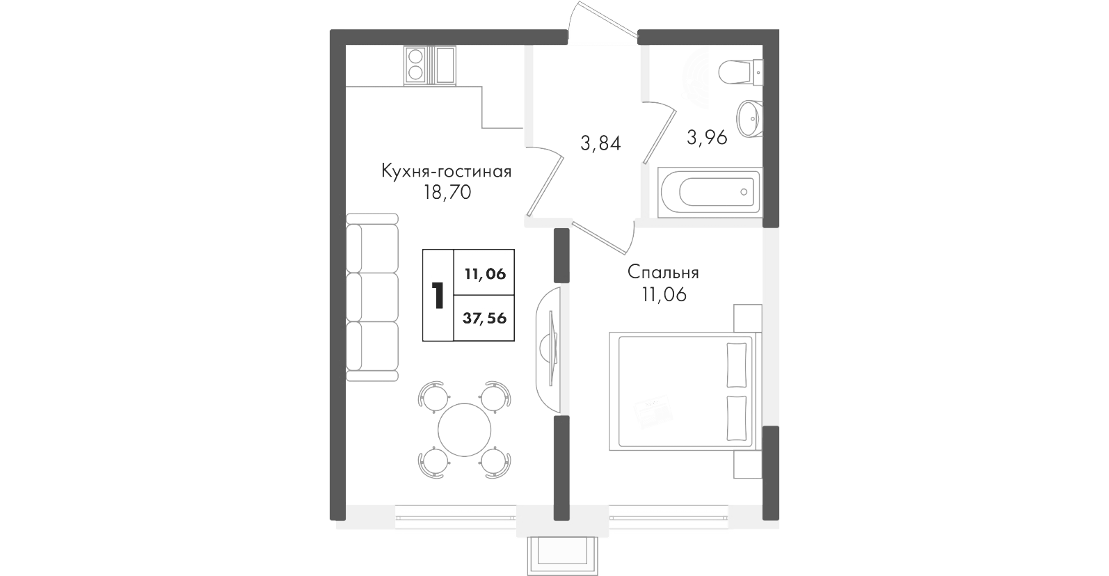 1-комн., 37.56 м², 1/9 этаж, ЖК «Зеленая территория»
