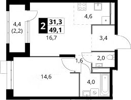 2-комн., 46.9 м², 22/25 этаж, ЖК «1-й Саларьевский»