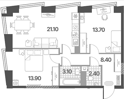 3-комн., 62.7 м², 48/58 этаж, ЖК «Обручева 30»