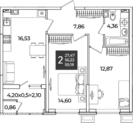 2-комн., 56.22 м², 4/18 этаж, ЖК «Образцово»