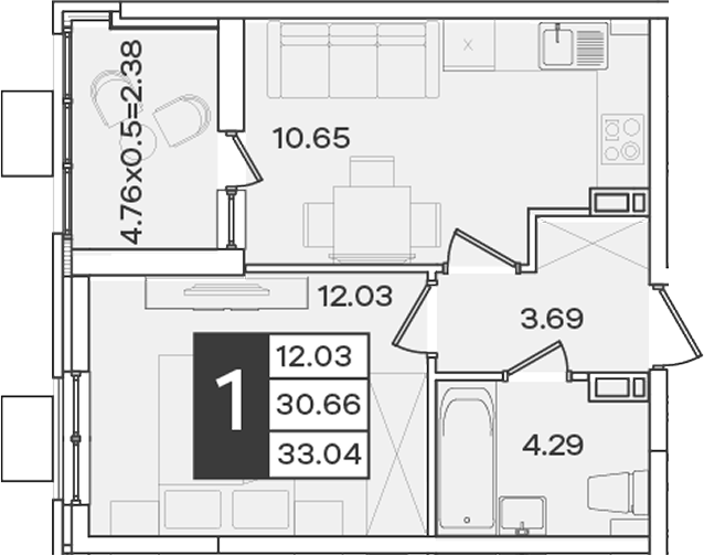 1-комн., 30.66 м², 8/18 этаж, ЖК «Сюжеты»