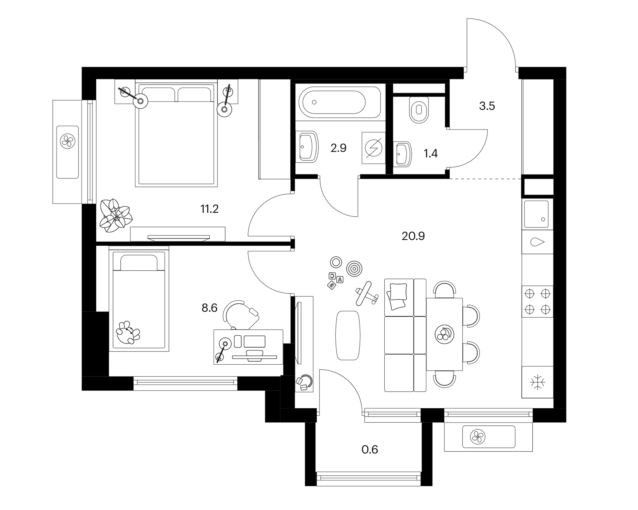 2-комн., 48.5 м², 11/11 этаж, ЖК «Белая Дача парк»