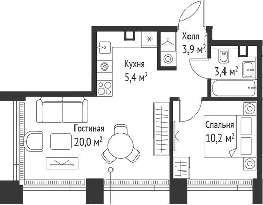 2-комн., 42.9 м², 52/52 этаж, ЖК «СЕТ»