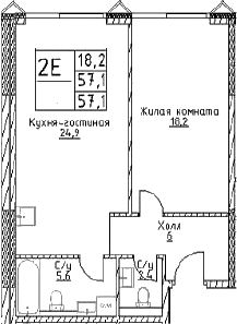 2-комн., 57.1 м², 18/29 этаж, ЖК «Наметкин Тауэр»
