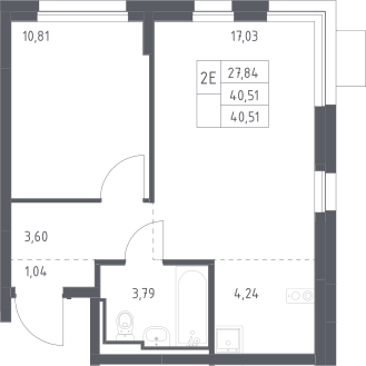 2-комн., 40.51 м², 17/17 этаж, ЖК «Прибрежный Парк»