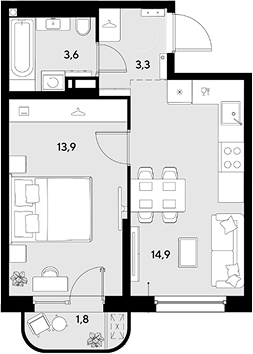 1-комн., 35.7 м², 6/18 этаж, ЖК «Грейд»