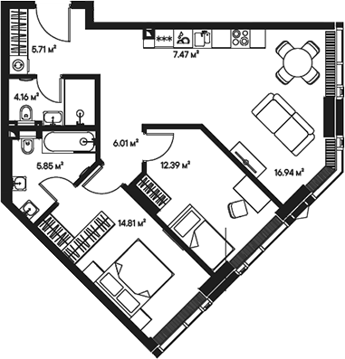 3-комн., 73.34 м², 33/57 этаж, ЖК «Джойс»
