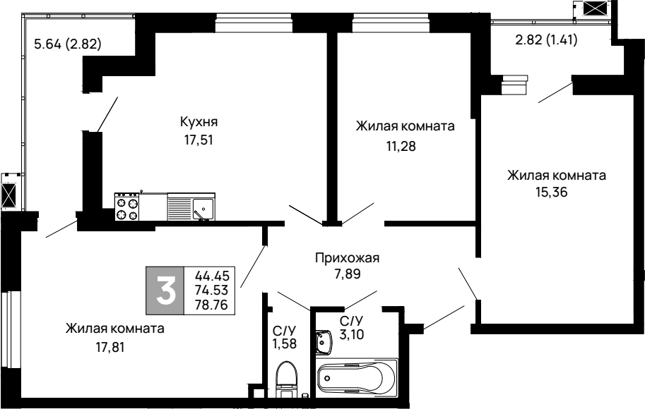 3-комн. квартира, 74.53 м² в ЖК Долина — фото 2