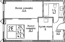 2-комн., 42.7 м², 24/29 этаж, ЖК «Наметкин Тауэр»