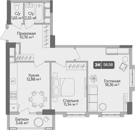 2-комн. квартира, 57.51 м² в ЖК Золотой берег. СЗ Среда — фото 2