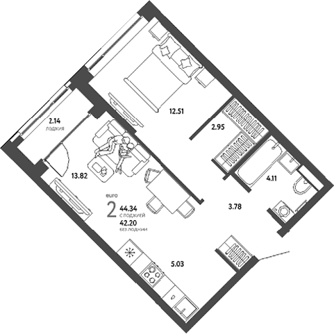 2-комн., 42.2 м², 22/25 этаж, ЖК «Страна.Парковая»