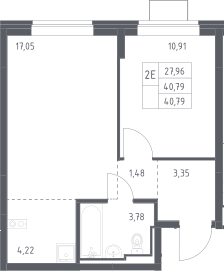 2-комн., 40.79 м², 9/12 этаж, ЖК «Богдановский лес»