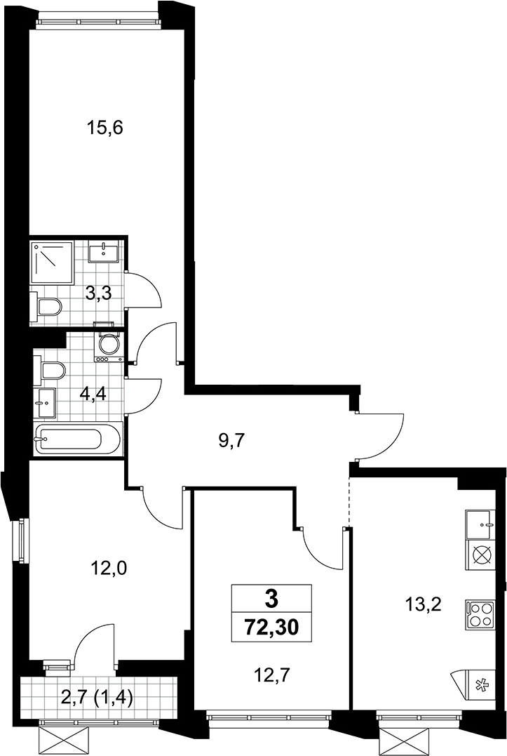 3-комн., 70.9 м², 10/14 этаж, ЖК «Деснаречье»